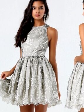 $200 NEW bebe black gray fit flare floral lace sequin mesh party dress S small 4